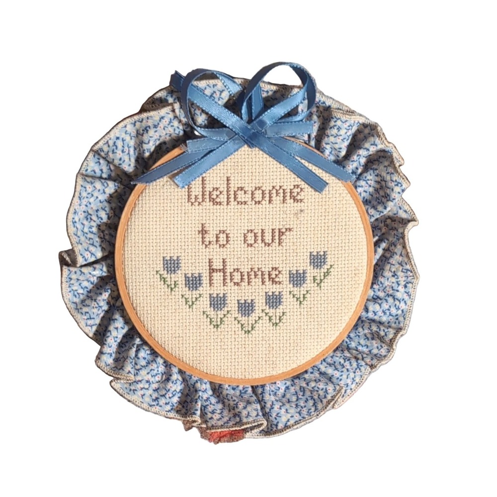 Welcome to our Home Cross Stitch Wall Hanging Handmade Floral Tulips Ruffle Hoop